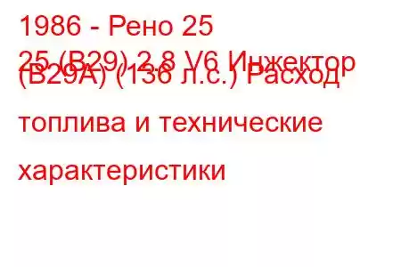 1986 - Рено 25
25 (B29) 2.8 V6 Инжектор (B29A) (136 л.с.) Расход топлива и технические характеристики