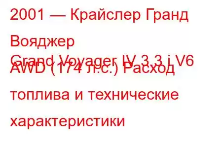 2001 — Крайслер Гранд Вояджер
Grand Voyager IV 3.3 i V6 AWD (174 л.с.) Расход топлива и технические характеристики