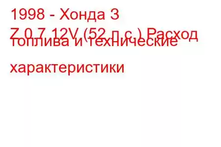 1998 - Хонда З
Z 0.7 12V (52 л.с.) Расход топлива и технические характеристики