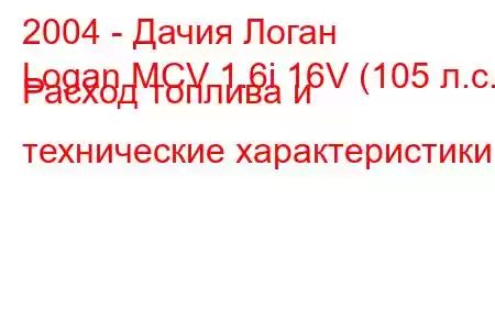 2004 - Дачия Логан
Logan MCV 1.6i 16V (105 л.с.) Расход топлива и технические характеристики