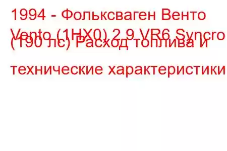 1994 - Фольксваген Венто
Vento (1HX0) 2.9 VR6 Syncro (190 лс) Расход топлива и технические характеристики