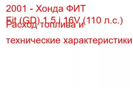 2001 - Хонда ФИТ
Fit (GD) 1.5 i 16V (110 л.с.) Расход топлива и технические характеристики